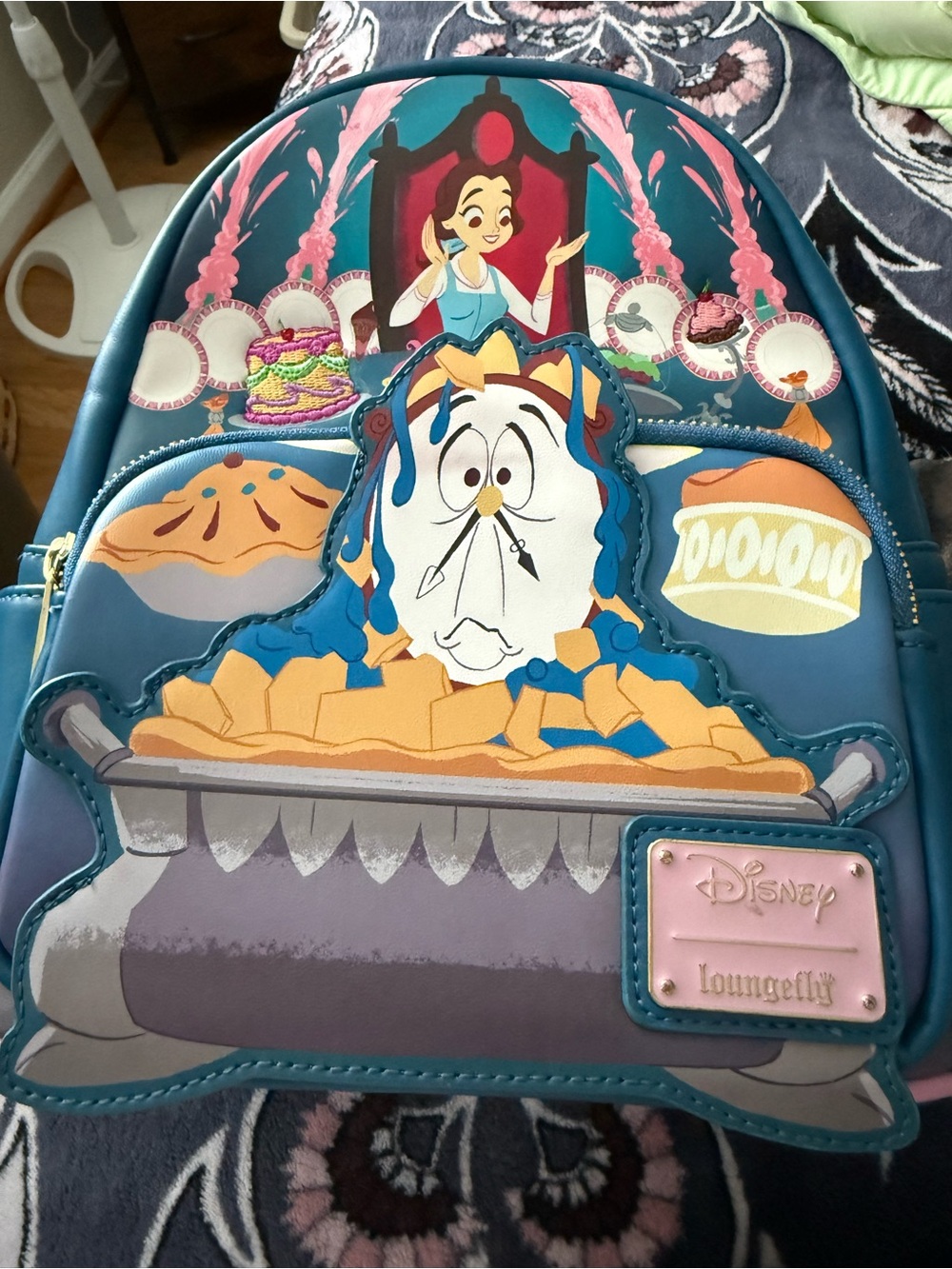 Disney Loungefly Teal Pink Blue Beauty and the Beast Cogsworth Mini Backpack